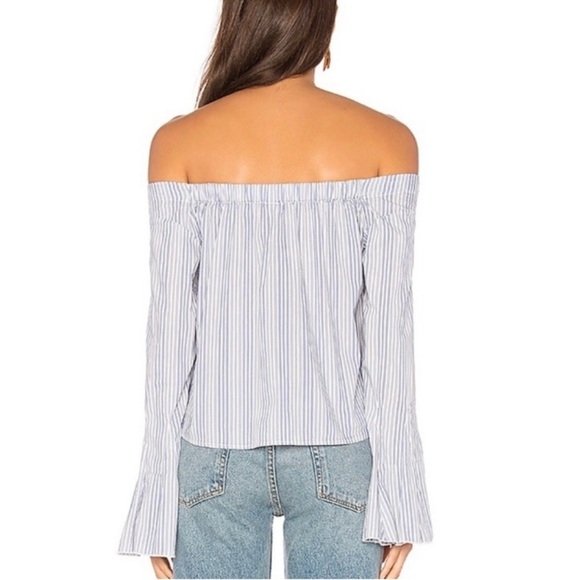 Free People Crop Top Shirt Blue Striped Bell Sleeve Off The Shoulder Sz Medium - Picture 2 of 15